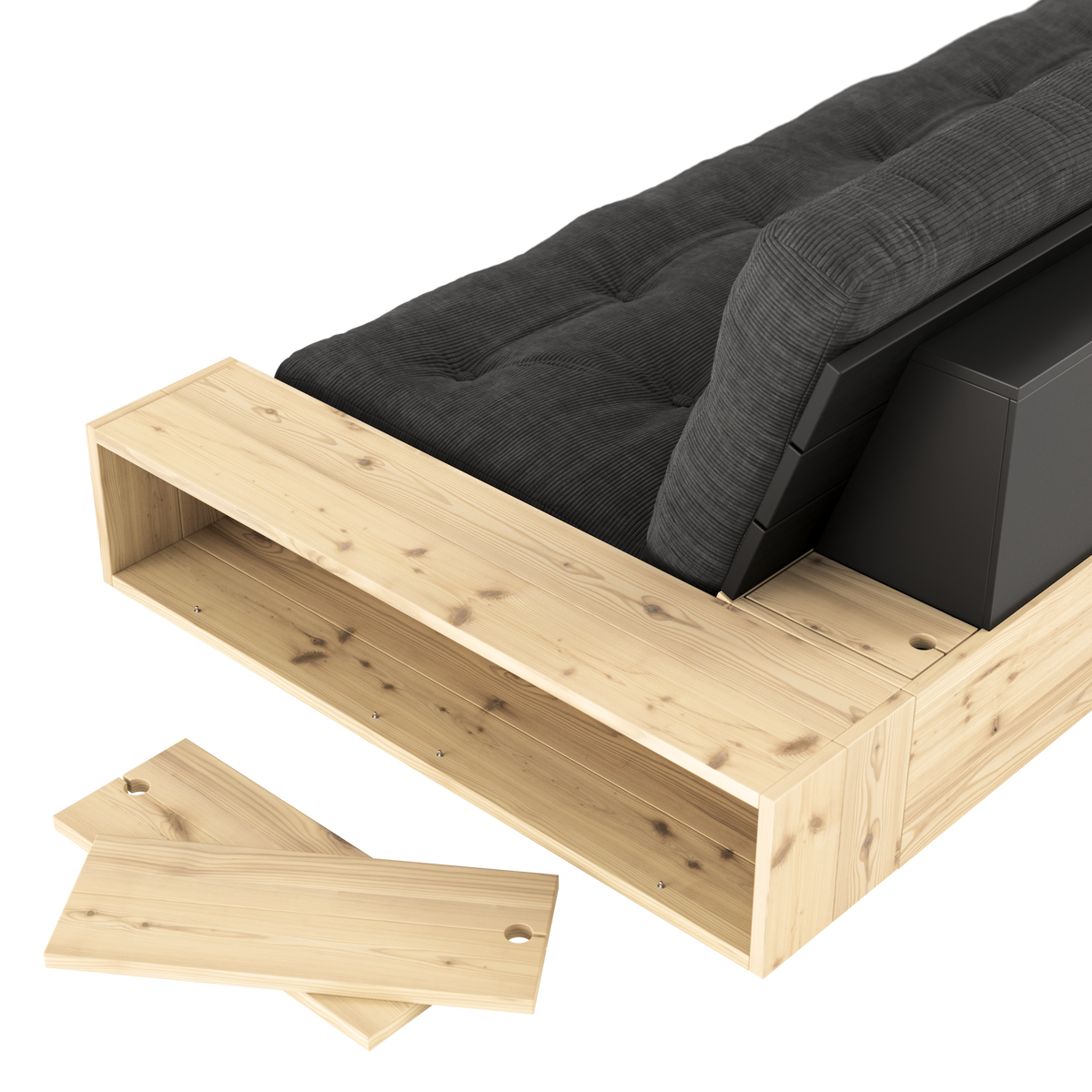 BASE BLACK NIGHT LACQUERED W. 2 SIDEBOXES CLEAR W. 5-LAYER MIXED MATTRESS OLIVE GREEN