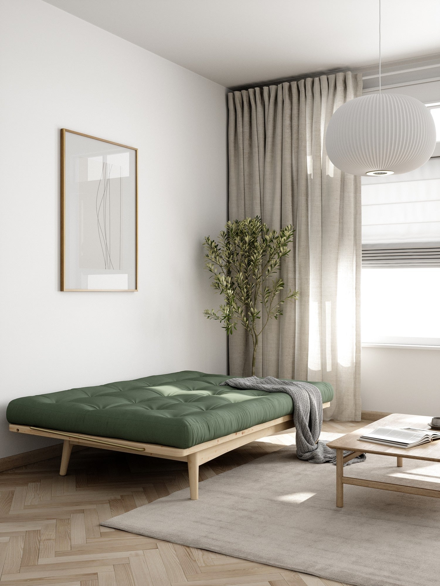FOLK CLAIR VERNISÉ AVEC MATELAS MIXTE 5 COUCHES VERT OLIVE