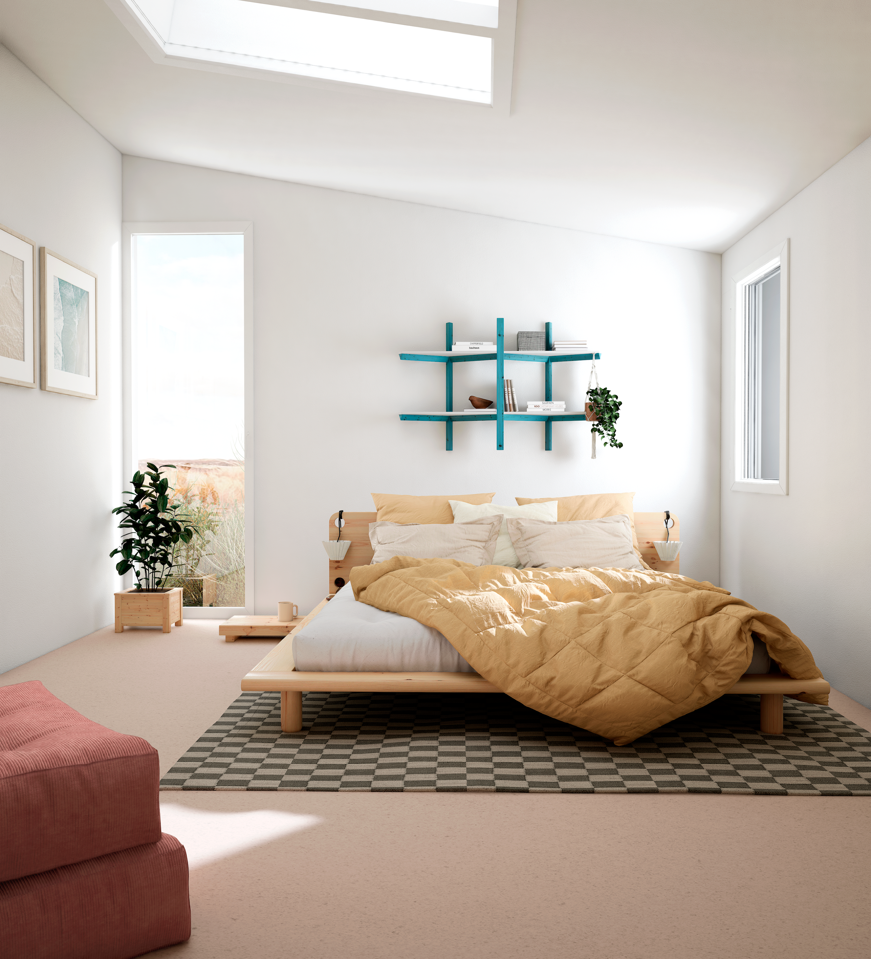 PEEK BED CLEAR LACQUERED 180 X 200 W. 2 BED LAMPS