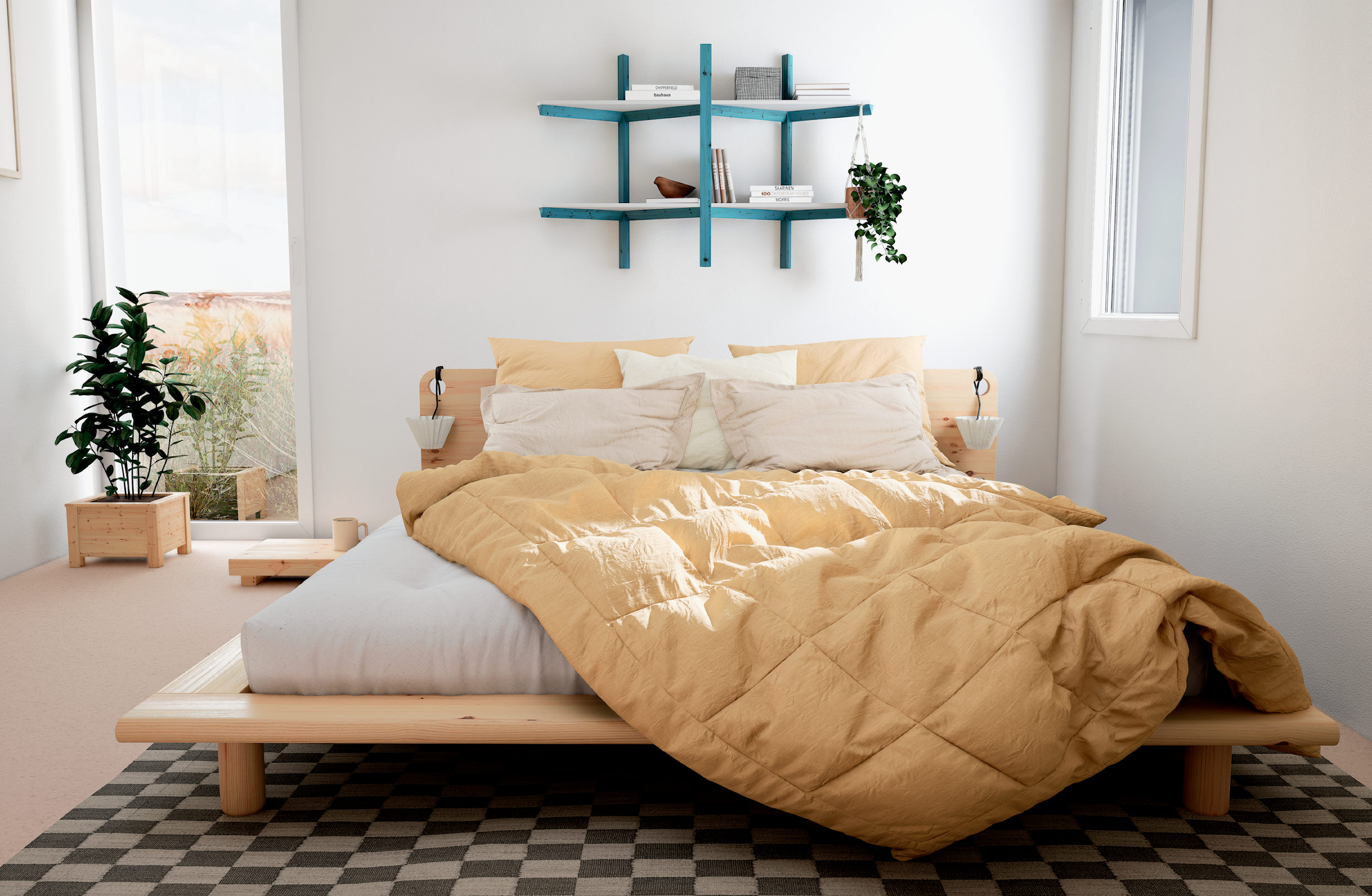 PEEK BED CLEAR LACQUERED 140 X 200 W. 2 BED LAMPS