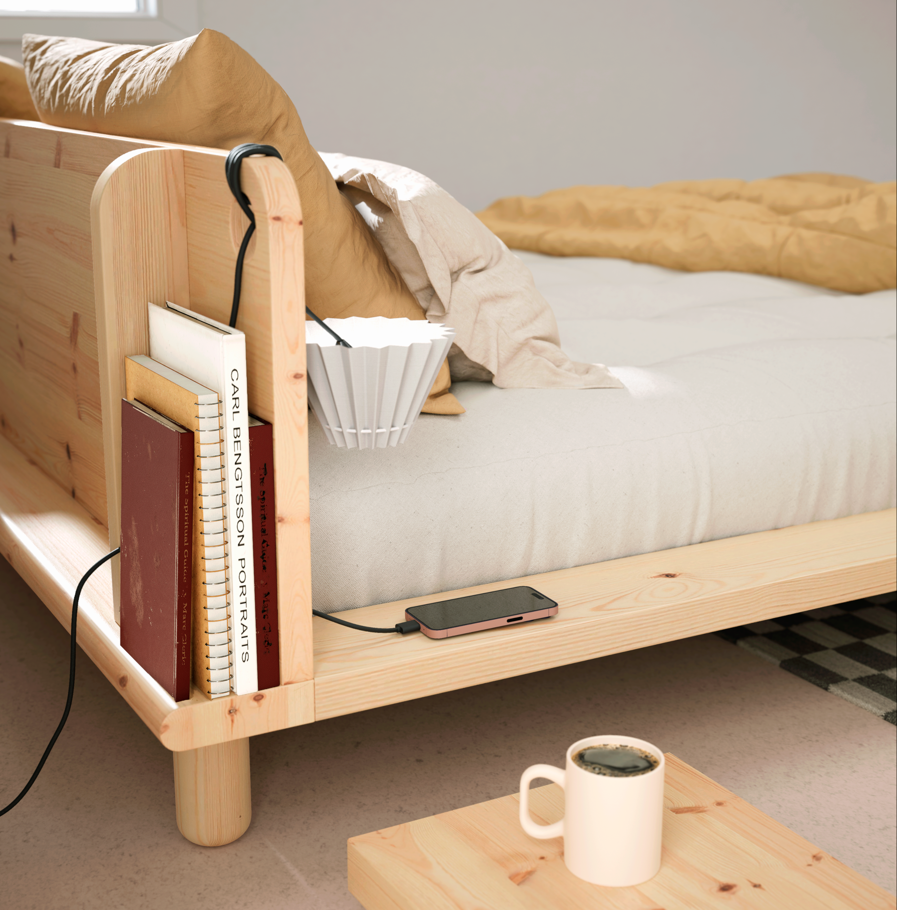 PEEK BED BLACK LACQUERED 140 X 200 W. 2 BED LAMPS