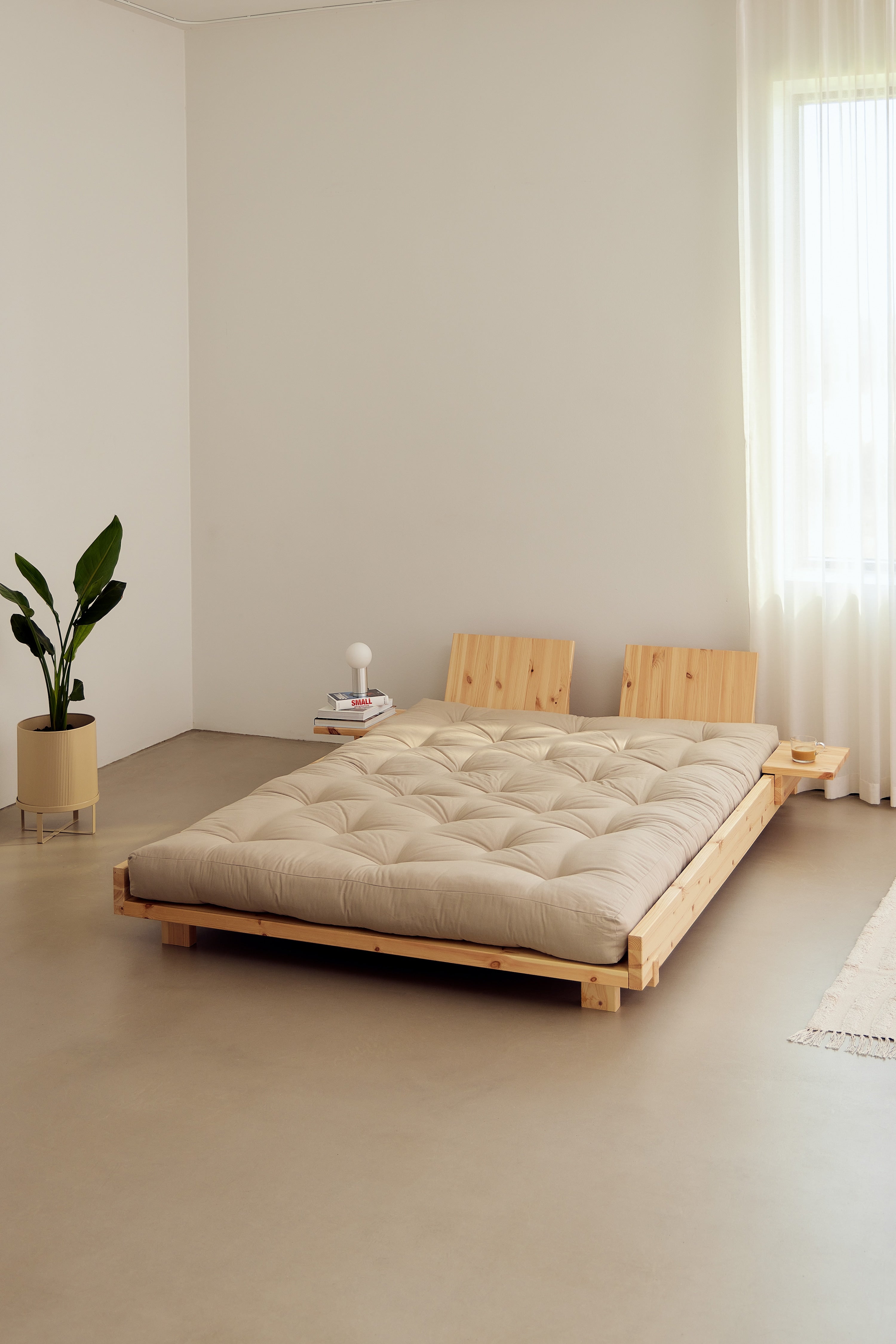 SOCIAL BED CLEAR LACQUERED 180 X 200 W. 2 PCS BACK RESTS AND 2 PCS SIDE TABLES