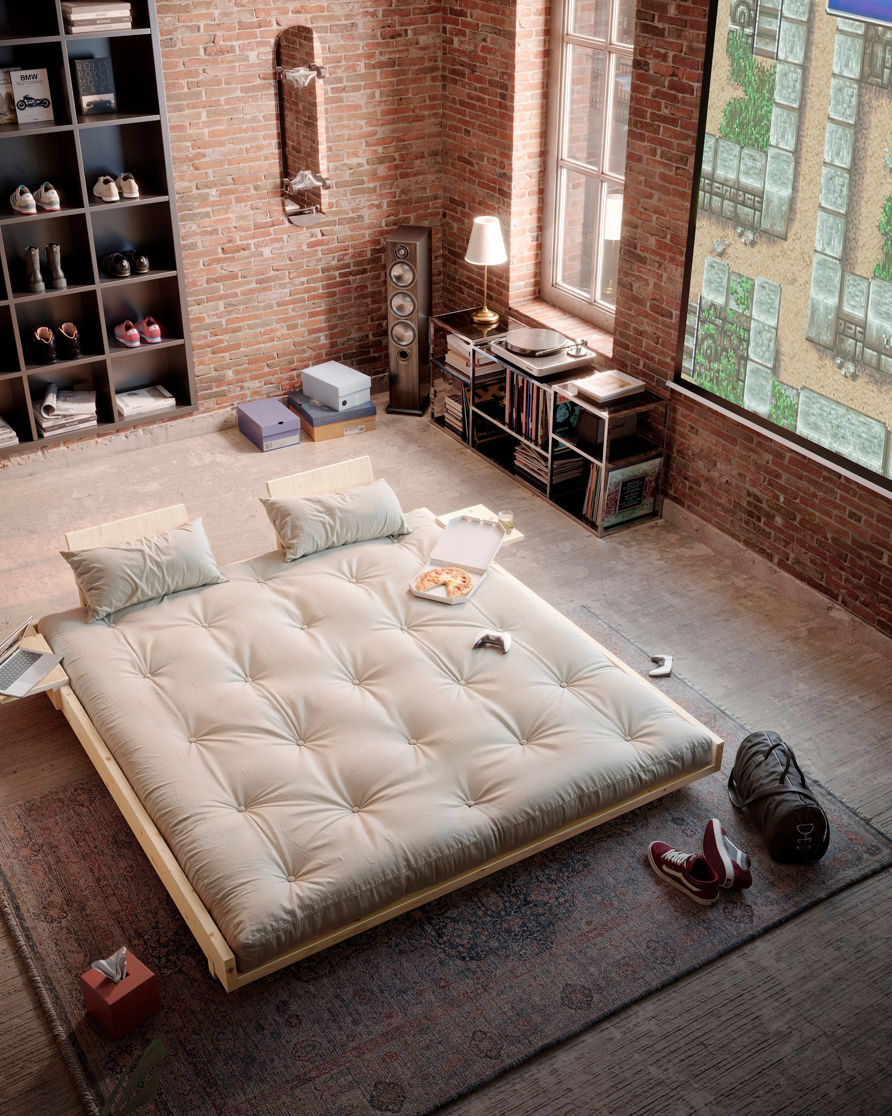 SOCIAL SOFA BED CLEAR LAC 140 X 200 W. 2 PCS BACK RESTS AND 2 PCS SIDE TABLES W. FRESH MATTRESS MOCCA