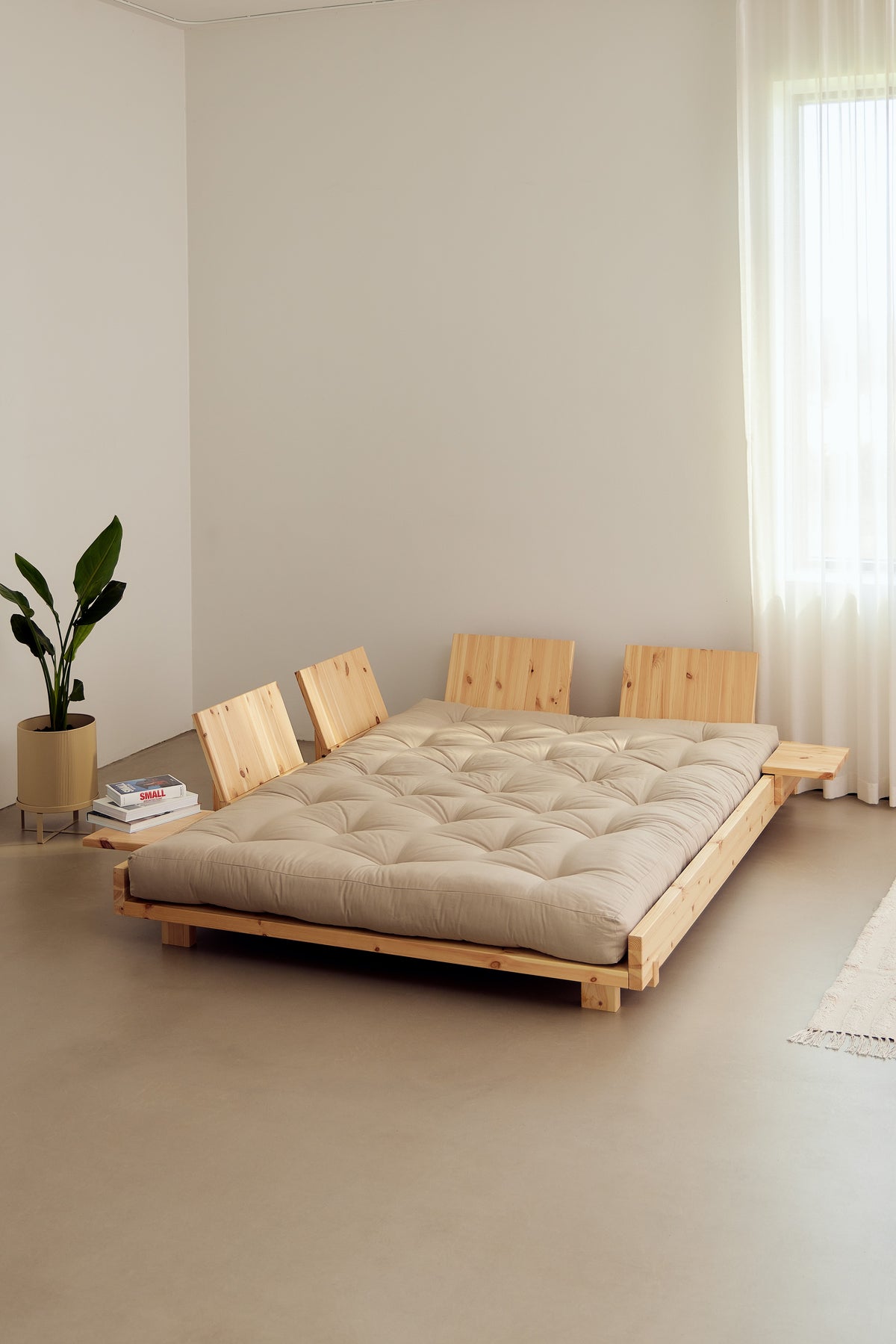 SOCIAL SOFA BED CLEAR LAC 140 X 200 W. 2 PCS BACK RESTS AND 2 PCS SIDE TABLES W. FRESH MATTRESS MOCCA